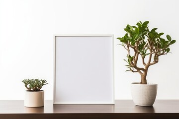 Desk with blank picture frame or poster, desk objects bonsai tree and a plants on a white background, Generative AI