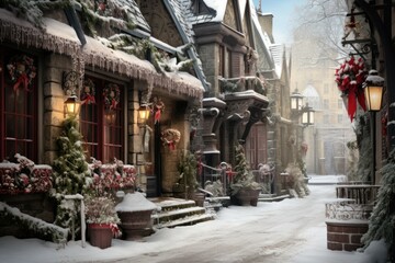 Fototapeta premium Snow-Covered Architecture: Iconic buildings and historic landmarks blanketed in snow can make for striking images. - Generative AI