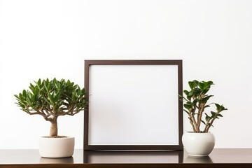 Desk with blank picture frame or poster, desk objects bonsai tree and a plants on a white background, Generative AI