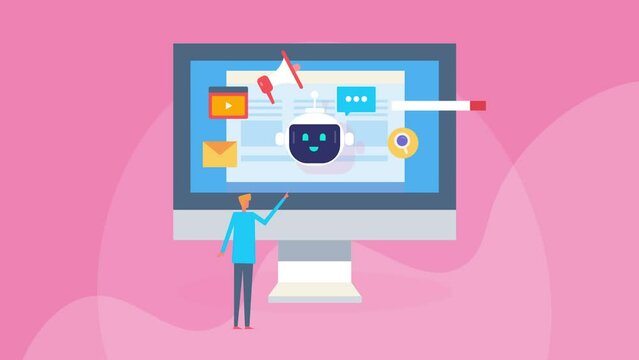 Artificial intelligence robot software assistant business marketing automation reaching out customer with email, content promotion, SEO optimization video animation 2d clip.