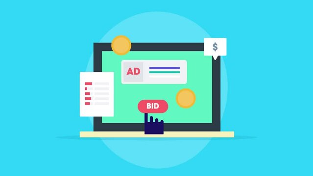 Bid strategy for ppc advertising campaign, investing money and secure online display ad space on search engine, conceptual business marketing video animation 