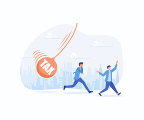 Tax burden. Businessman running away from huge pendulum with message 'tax', financial crisis in tax burden, flat vector modern illustration 