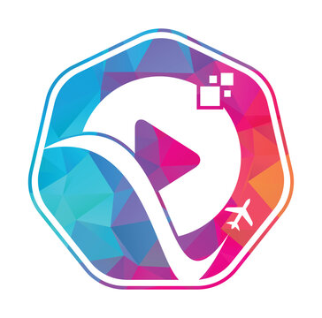 Airplane play button logo design. Airplane and record symbol or icon. Travel media logo design vector.