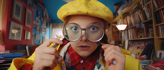 Child Pathfinder Detective. School of young scouts. Creative concept of children curiosity and inquisitiveness, imagination and dreams. 