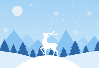 Vector winter landscape with mountains, forest, snowdrifts and deer. Winter greeting card.
