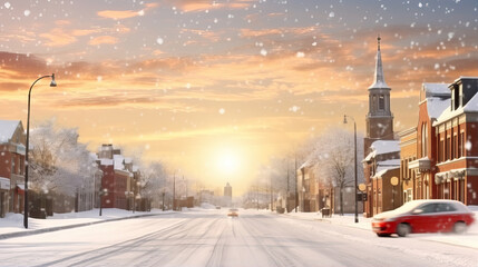 Fototapeta na wymiar New Year illustration. Snowy streets of a small town