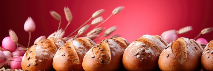 Pattern Fresh Loaves Bread Against Pink , Banner Image For Website, Background Pattern Seamless, Desktop Wallpaper