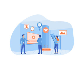 Smart tv technology with tiny people design, flat vector modern illustration 