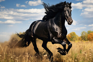 Obraz na płótnie Canvas Beautiful black horse runs across the field