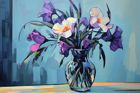 Oil painting. Lilies in a transparent vase on the table
