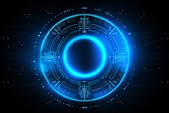 abstract ai technology, security, network background, digital background, circle ring, square line, neon circuit, blue neon