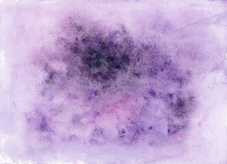 Abstract background with watercolor blur. Different shades of purple and violet colors. In the middle, closer to the upper part of the background, there are dark, almost black spots. Gradients.