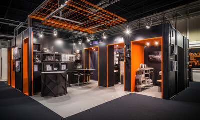 Exhibitor orange grey stand at tradeshow, project visualisation.