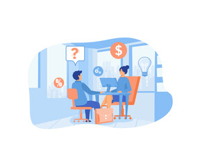 Financial Consultation. Businessman talking with female financial consultant. Investment planning, banking. flat vector modern illustration 