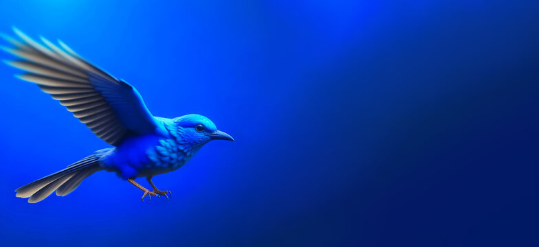 a beautiful bird is flying on a blue background. artificial intelligence generator, AI, neural network image. background for the design.