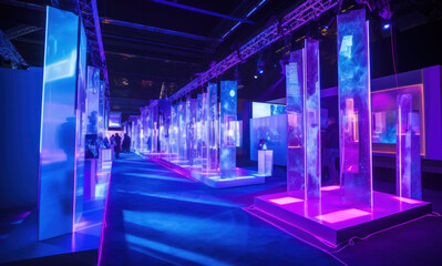 Exhibitor blue pink neon stand at tradeshow, project visualisation.