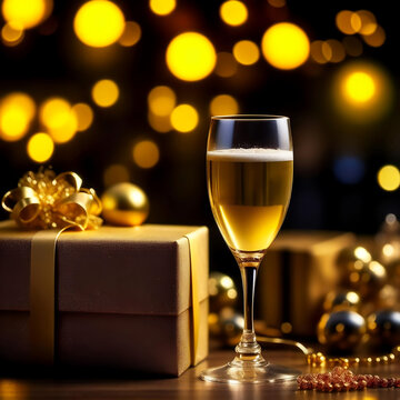 a beautiful gift box and a glass of champagne on a bokeh background. Christmas, New Year, Birthday. artificial intelligence generator, AI, neural network image. background for the design.