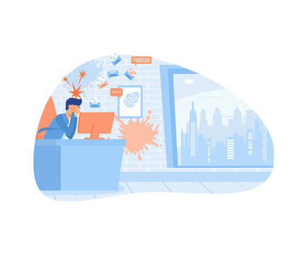 Information overload and data excess concept. Stressed person in info flood, reading multiple internet media, news and lot of online messages. flat vector modern illustration 