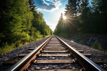 Obraz premium Amidst the forest, an empty rail line offers an industrial journey into the distance under a stunning sunset sky. Witness the unique perspective. AI Generative.
