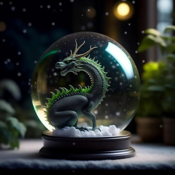a glass winter ball with snow and a dragon, Merry Christmas and Happy New Year 2024, winter holidays. artificial intelligence generator, AI, neural network image. background for the design.