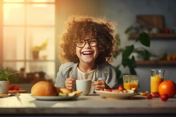 a smiling little girl having breakfast in kitchen - obrazy, fototapety, plakaty