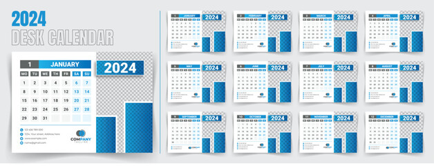 Desk calendar 2024 template design, monthly calendar, table calendar, office calendar 2024. with editable elements.