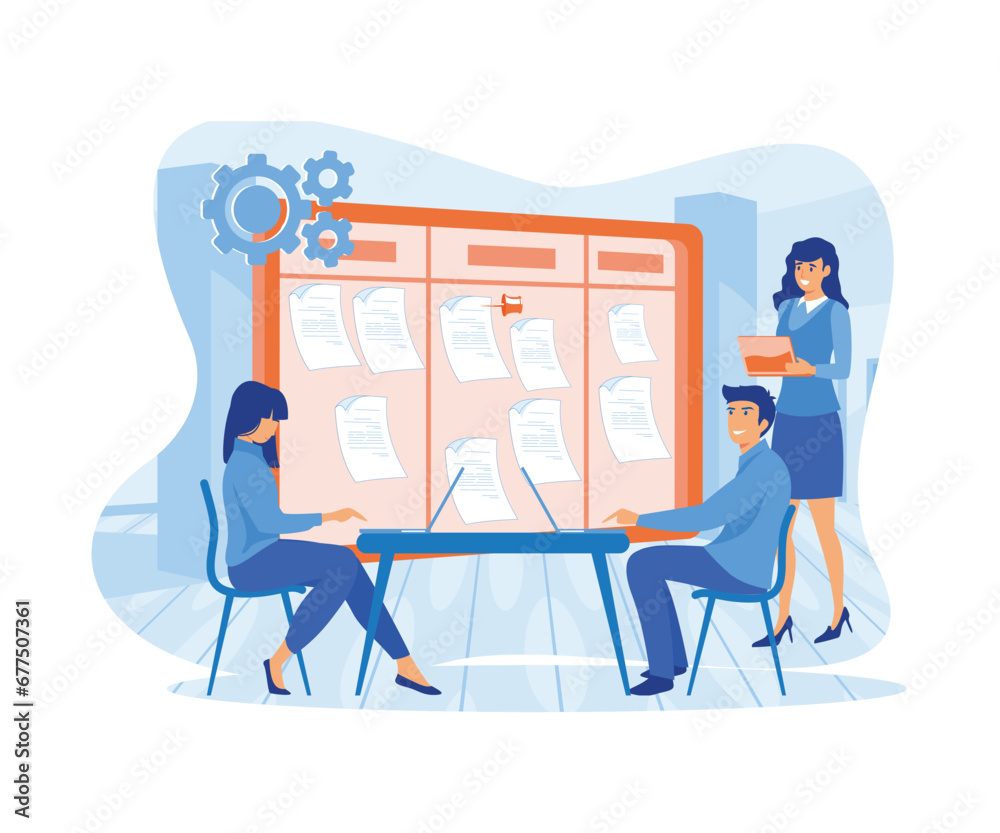 Poster agile business team of programmer working and make some planning on the scrum board. whiteboard and 