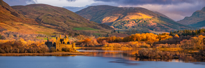 The ruin of Kilchurn Castle, Highland mountains and Loch Awe, Scotland.