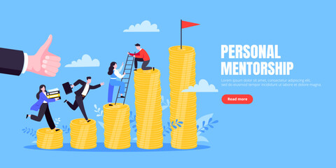 Business mentor helps improve career and money stacks growing. He holds stairs steps vector illustration. Mentorship, upskills, climb help self development strategy flat style design business concept.