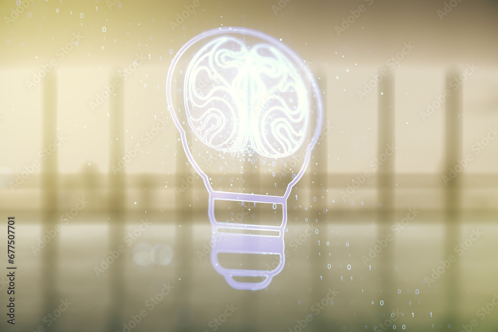 Poster double exposure of abstract virtual creative light bulb hologram with human brain on empty modern of