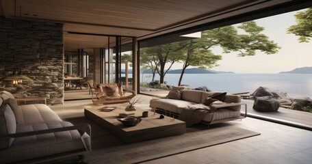 Living room with balconies overlooking a sea view.
