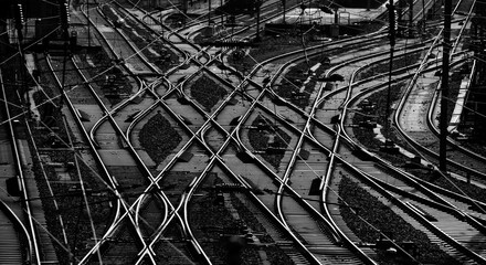 Panoramic view of a complicated system of railway tracks and switches at a big station forming...