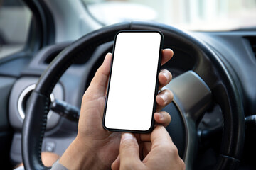 female hands hold phone with isolated screen background wheel car