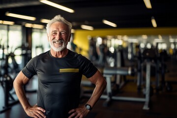 Fototapeta na wymiar Senior Strength: Joyful Man Showcases Exceptional Fitness in a Gym, Exemplifying Active Aging