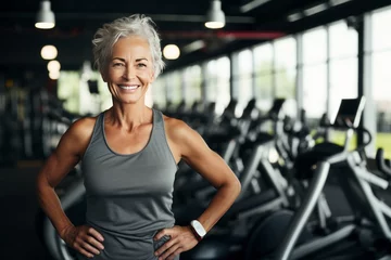 Crédence de cuisine en verre imprimé Fitness Gym Radiance: Very Fit Senior Woman Smiles, Embodying the Fitness for Seniors Concept with Joy