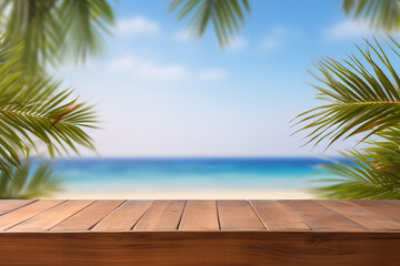 Tranquil scene: an empty wooden table by the ocean in the tropics. Paradise found with palm trees, a beautiful horizon, and a serene beach. Is AI Generative.
