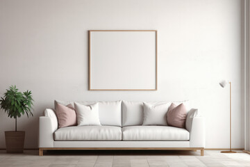 Scandinavian living room with an empty frame poster, white sofa, and cosy decor. Minimalist design and modern interior space. This description is AI Generative.