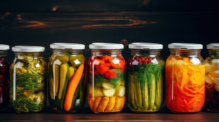 Preserves vegetables in glass jars in an old box. On the black chalkboard. - obrazy, fototapety, plakaty