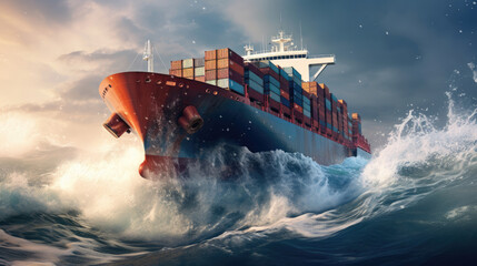 A container cargo ship cuts through the waves,  a vital link in supply chains - obrazy, fototapety, plakaty