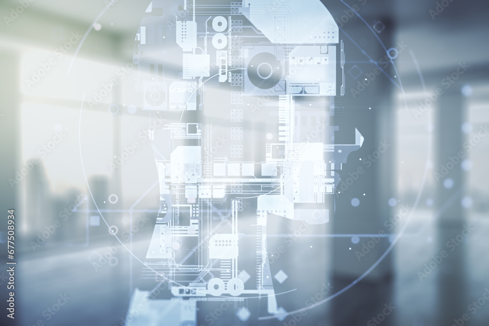 Poster double exposure of creative artificial intelligence hologram on empty modern office background. neur