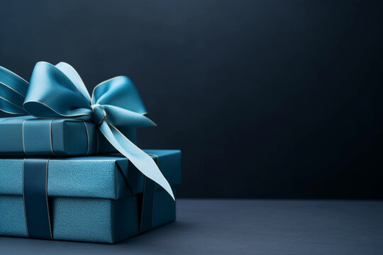 Two Luxury gift boxes with a blue bow on dark blue, Side view monochrome , Fathers day or Valentines day gift for him, Corporate gift concept or birthday party, Festive sale copy space banner