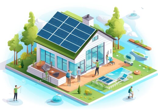 Isometric picture of a company installing solar panels on a home.