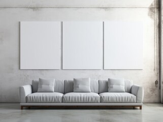 Three blank poster canvases frame mockup are shown in a room with a gray sofa.