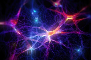 Neon Neural Colorful Brain Cell Energy Connections, Brain Dots Pattern Neuronal Network, Vibrant Digital Art Microscopic Mycelium Membran, Colored DNA background and motley radiant medical Wallpaper