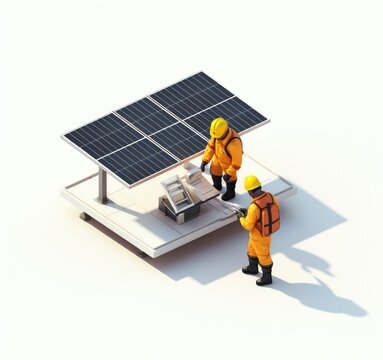 Two men wearing protective equipment are looking at solar panels and doing maintenance or installation with isometric.