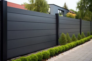 Foto op Plexiglas Wall steel fence grey aluminium modern barrier gray house protect view facade home garden protection © alisaaa