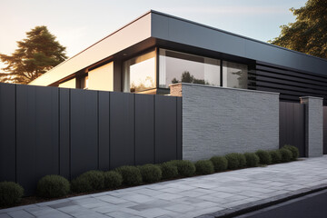 Fototapeta na wymiar Wall steel fence grey aluminium modern barrier gray house protect view facade home garden protection