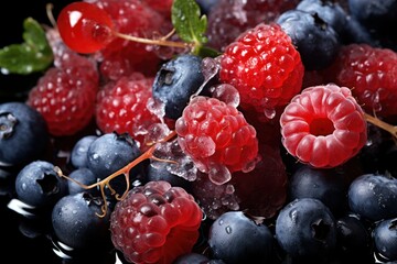 Frozen Berries and Fruits: Macro shots of frozen berries or fruit encased in ice can be visually captivating. - Generative AI - obrazy, fototapety, plakaty