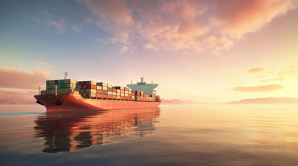 A cargo ship sails along a picturesque horizon,  carrying goods worldwide