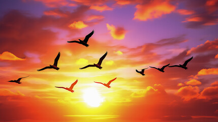 Migrating birds against a vibrant sunset